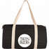 A black barrel duffel bag with cream straps and a logo on the front.