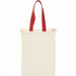 A natural cotton grocery tote in cream with red handles, featuring a simple design and a branding logo.