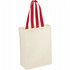 A natural cotton grocery tote in cream with red handles, featuring a logo on one side.