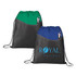 A black drawstring sportspack featuring a green and a blue colour option, each with a front pocket and a logo.