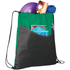 A green and black drawstring sportspack with a frisbee, sunglasses, a shirt, and brochures inside. It features a logo.
