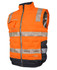 An orange puffer vest with reflective stripes and a black bottom, featuring a zippered front and a logo.