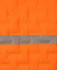 An orange puffer vest featuring a grey striped band across the centre, with a logo.