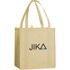 A cream-coloured reusable grocery tote with two handles and a logo on the front.