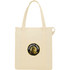 A cream-coloured insulated grocery tote bag with a large logo on the front and long handles.