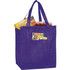 A purple insulated grocery tote filled with snacks, drinks, and a small item peeking out from the front pocket.
