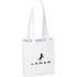 A white non-woven tote bag with long handles and a logo on the front.