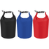 Three waterproof outdoor bags in black, blue, and red, featuring adjustable tops and clips, with a logo present.