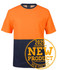 An orange and navy T-shirt with a chest pocket and a logo. Suitable for various activities.