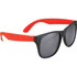 Retro promotional glasses with black frames and red arms, featuring dark lenses and a logo.