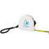 A white tape measure with a black strap, featuring a logo on its side and a yellow measuring tape.