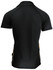 A black polo shirt with yellow accents, featuring a logo on one side and a classic design.