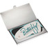 A silver business card holder with an open lid displaying a card inside.