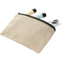 A recycled cotton twill pouch in a natural beige colour, containing toiletries and a toothbrush. Features a zip closure and branding.