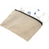 A recycled cotton twill pouch in beige, containing charging cables and earphones. It features a zip closure and a logo.