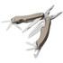 A multi-tool with pliers, blades, and various tools in grey and silver, featuring a branded logo.