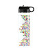 A drink bottle featuring a white body adorned with colourful polka dots and a black lid with a carry handle.