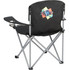 An oversized folding chair in black with a colourful logo on the back, featuring a cup holder on the side.