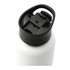 A drink bottle with a black cap and a white body, featuring a spout and an attached handle for easy carrying.