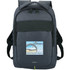 A grey laptop backpack with adjustable straps and a logo, featuring a sleek design and a front pocket.