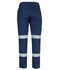 Navy cargo pants featuring reflective tape, with pockets on the sides and a logo. Back view displayed.