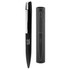 A black Slim Pen placed beside its matching black casing, featuring a silver clip and a logo.