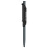 A metal pen with a silver body and a black clip, featuring a logo on the side.