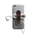 A smartphone with a brown leather strap holding wrapped earphones, featuring a logo. The phone is silver in colour.