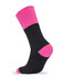 A black work sock with pink accents at the top and heel. 