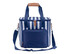 A striped navy cooler bag with a tan handle and adjustable strap, featuring a front pocket and a zip closure.