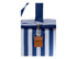 A cooler bag featuring navy and white stripes with a sturdy handle and a brown leather tag.