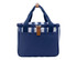 A navy cooler bag with a striped design, featuring two handles and a zippered closure. It has a front pocket and a logo.
