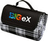 A black and white checkered picnic rug with a handle and a logo on the front.