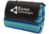 A folded picnic rug featuring blue, green, and black stripes with a branding logo.