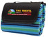 A blue and green striped picnic rug featuring a black fold-over flap with a logo. Ideal for outdoor leisure activities.