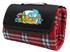 A red check picnic rug folded with a black carrying strap and featuring a logo on the front.