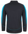 A black long-sleeve polo shirt featuring blue accents and a logo on the back.