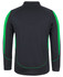A long-sleeve polo shirt in black with green accents, featuring a back view and a logo on the collar.