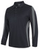 A black long-sleeve polo shirt with grey accents and a logo on the chest.
