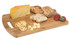 A bamboo cheese board featuring a block of cheese, sliced bread, crackers, and strawberries. It has a logo.
