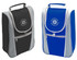 A drink bottle cooler bag in black and blue, featuring a logo, with a zippered front pocket and handle.