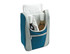 A drink bottle cooler in teal and grey, designed to hold two bottles, featuring a front pocket and insulated interior.