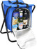 A blue cooler bag with a silver interior, containing several drink bottles and snacks, with a foldable frame.