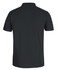 A black recycled polyester polo shirt with short sleeves and a collared neck, featuring a logo on the back.
