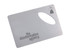 A drink bottle opener in a sleek silver finish, featuring a logo and a cut-out design. 