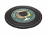 A round black coaster featuring a logo with a beer glass and grain, highlighted with white stitching.
