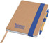 A notepad with a brown cover and a blue elastic band, accompanied by a yellow pen. It features a logo on the front.