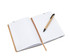 A notepad with lined pages and a tan cover, accompanied by a black pen. The notepad has a logo.