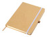 A tan A5 notebook with a white elastic band and ribbon bookmark, featuring a plain cover and inner pages.