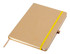 A brown A5 notebook with a yellow elastic band, featuring a ribbon bookmark and a textured cover.